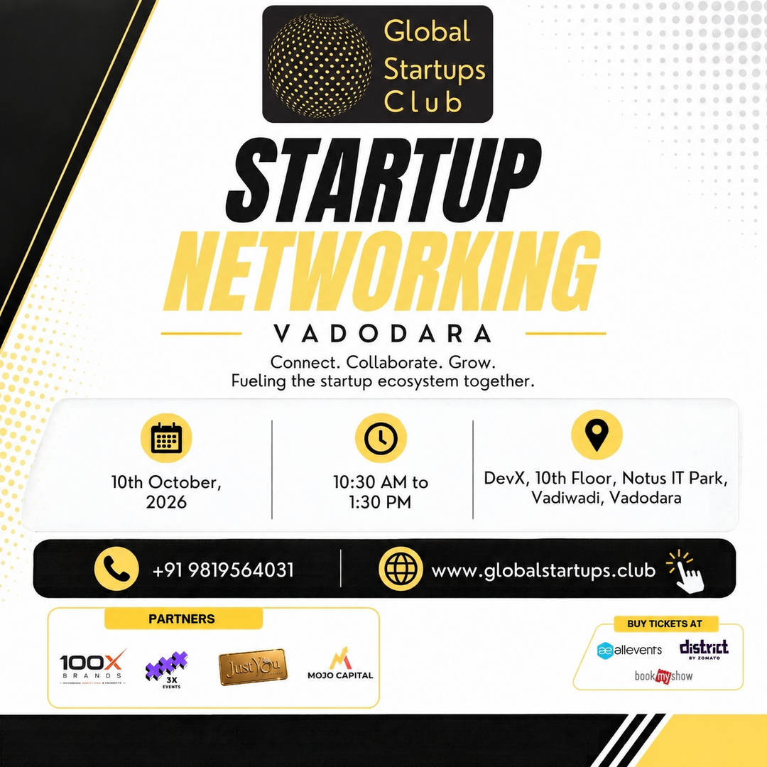 Global Startups Club Vadodara Startup Networking square flyer for 2026-10-10